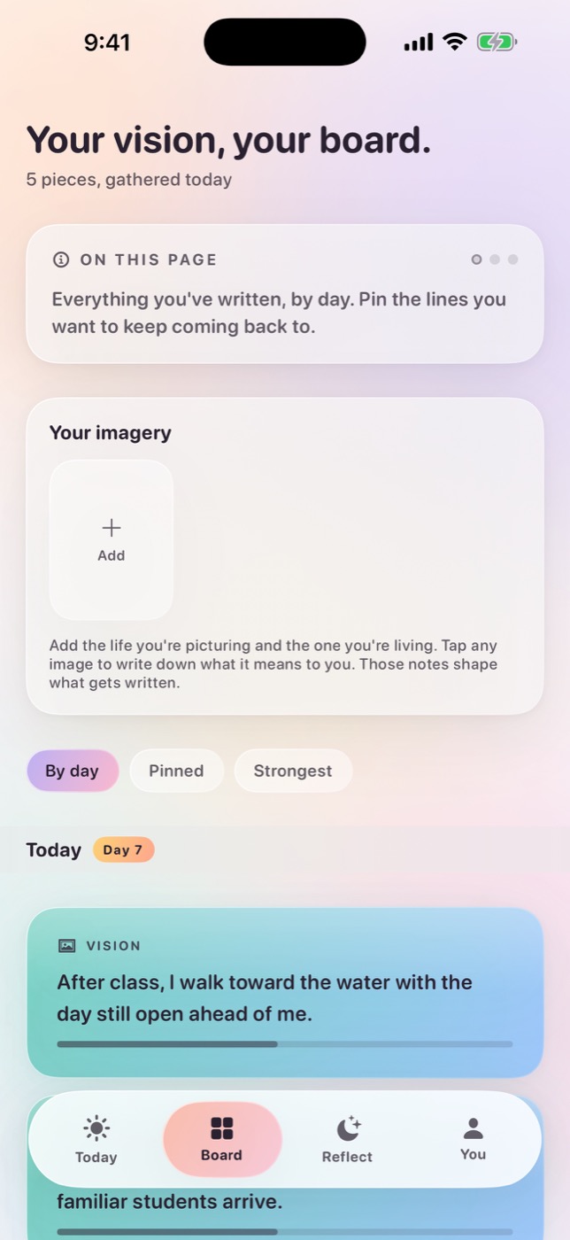 A MyDirection vision board showing collected evidence alongside personal photos