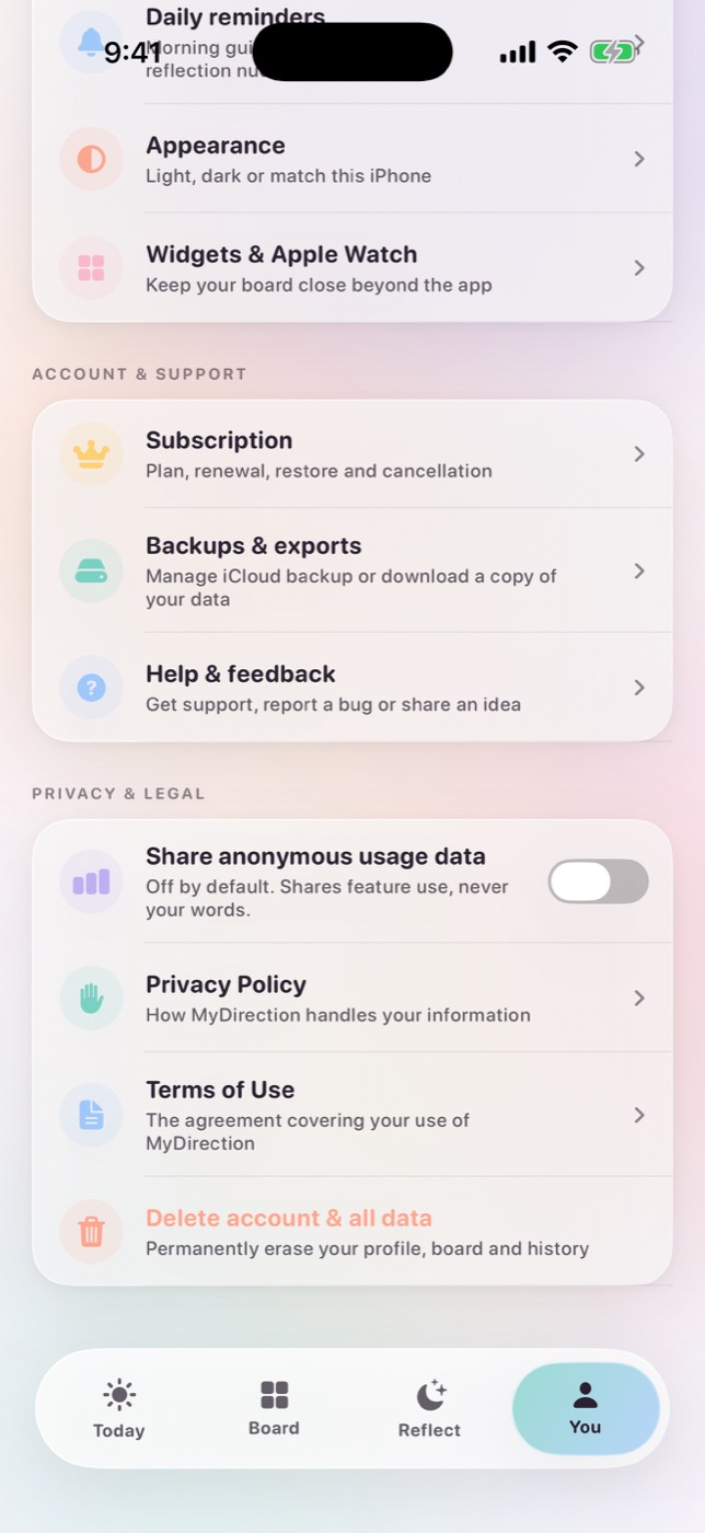 MyDirection privacy settings showing the choice between private writing and secure AI personalization