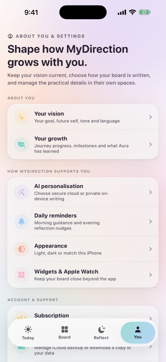 MyDirection personalization settings for tone and generation mode