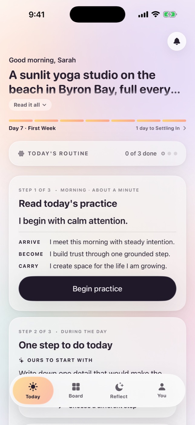 The MyDirection daily screen showing today's focus and one aligned step