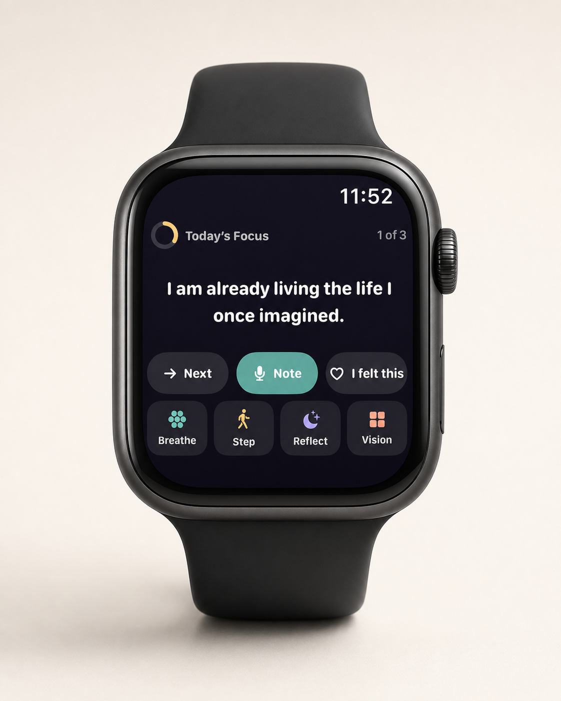 A black Apple Watch running MyDirection and showing today's focus