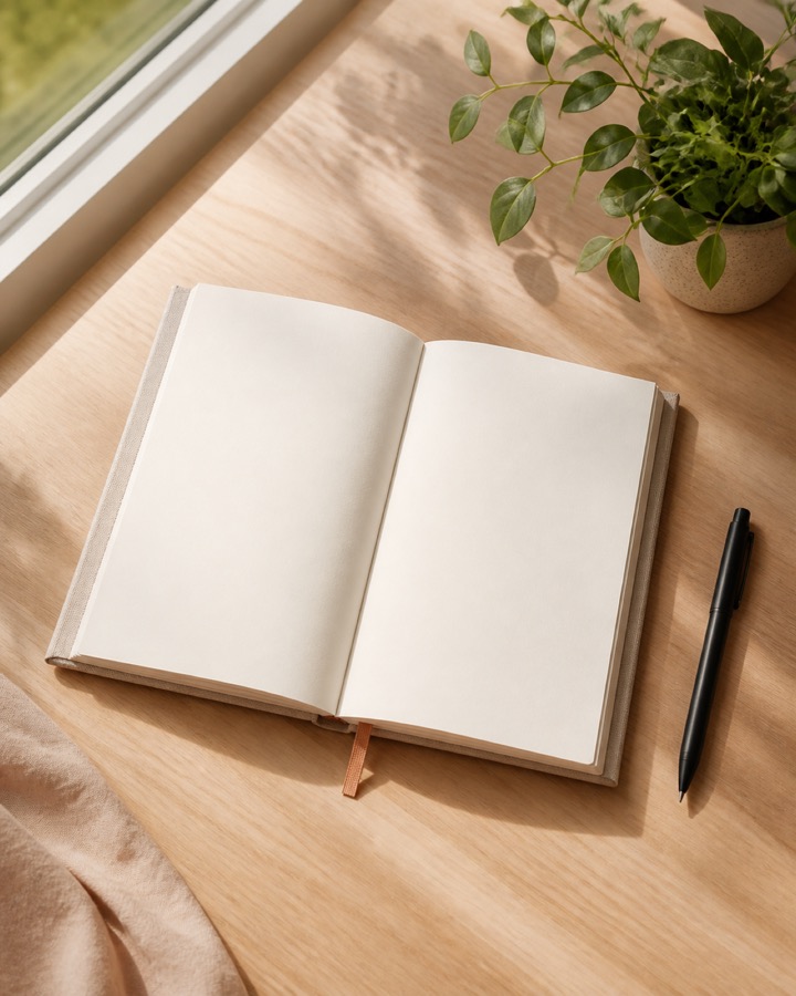 An open journal beside a leafy plant