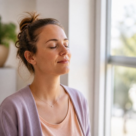 A woman taking a slow morning breath